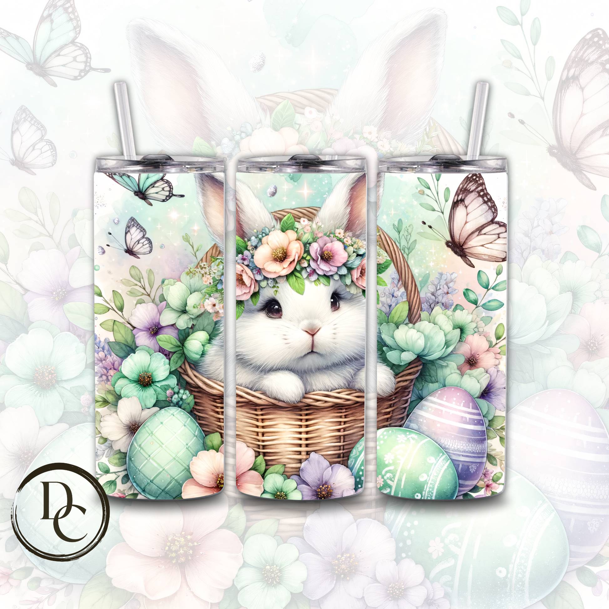 Easter Bunny In Basket Cute Floral Festive Holiday 20 oz Custom Sublimation Tumbler Stainless Steel Insulated 