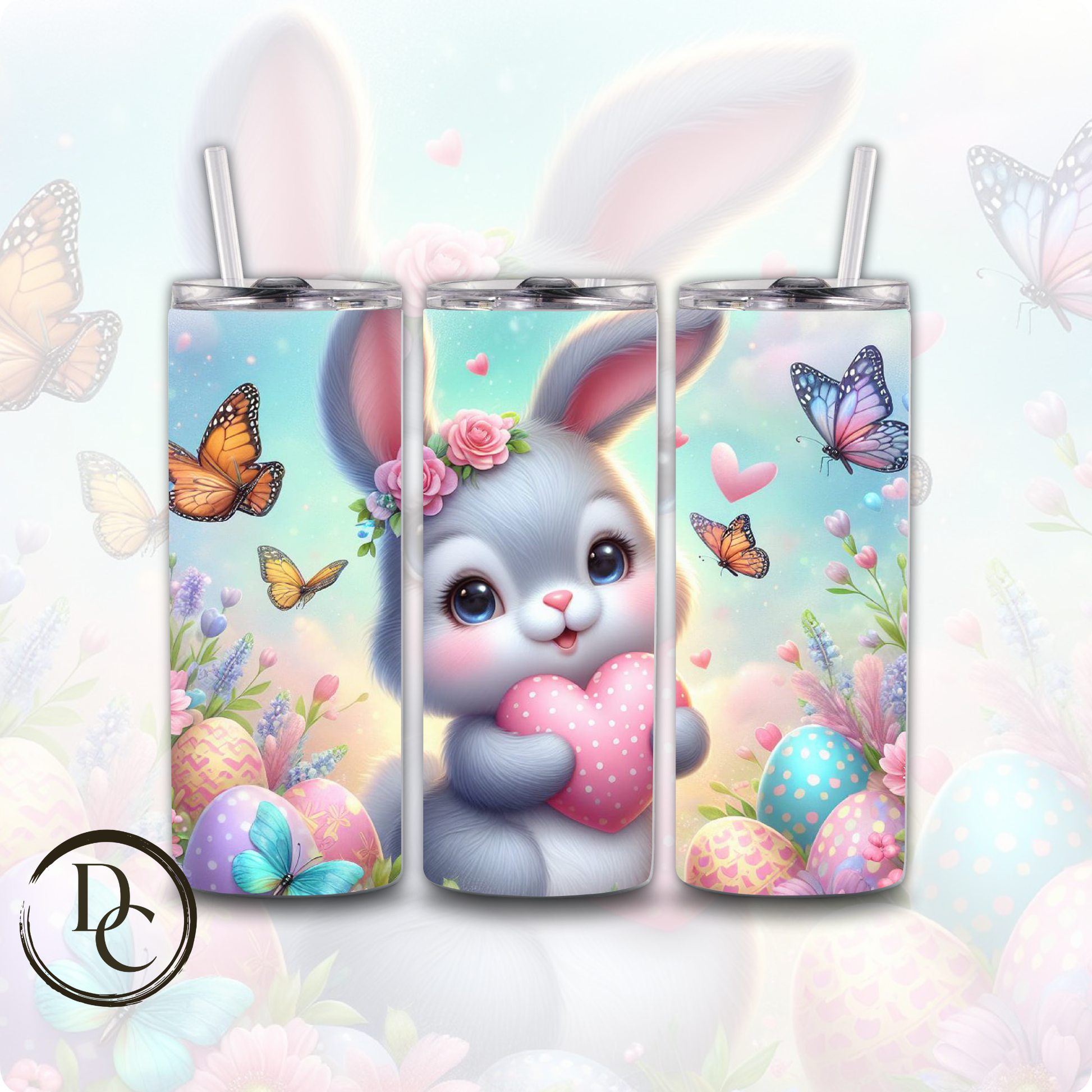 Easter Bunny In Basket Cute Floral Festive Holiday 20 oz Custom Sublimation Tumbler Stainless Steel Insulated 