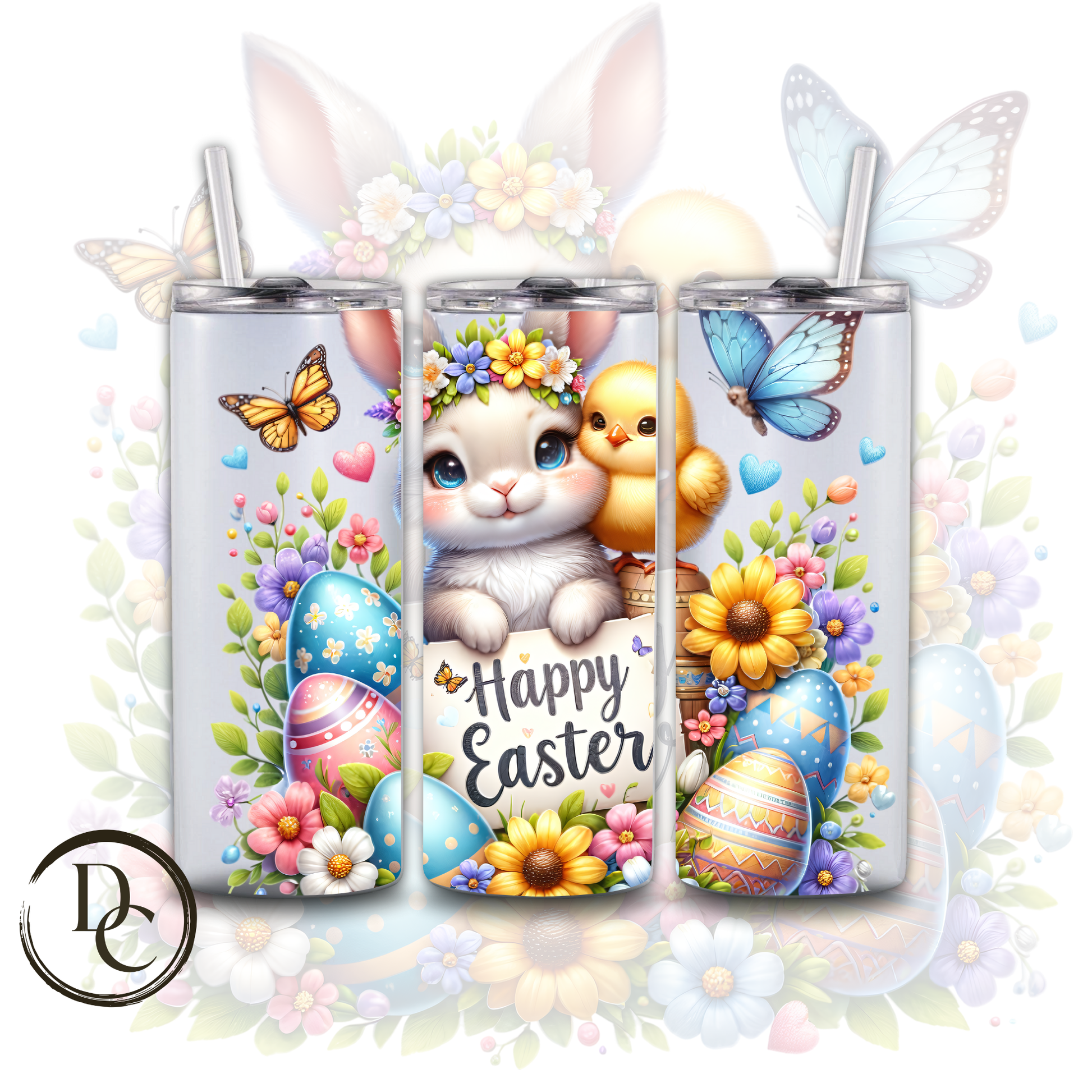Easter Bunny In Basket Cute Floral Festive Holiday 20 oz Custom Sublimation Tumbler Stainless Steel Insulated 