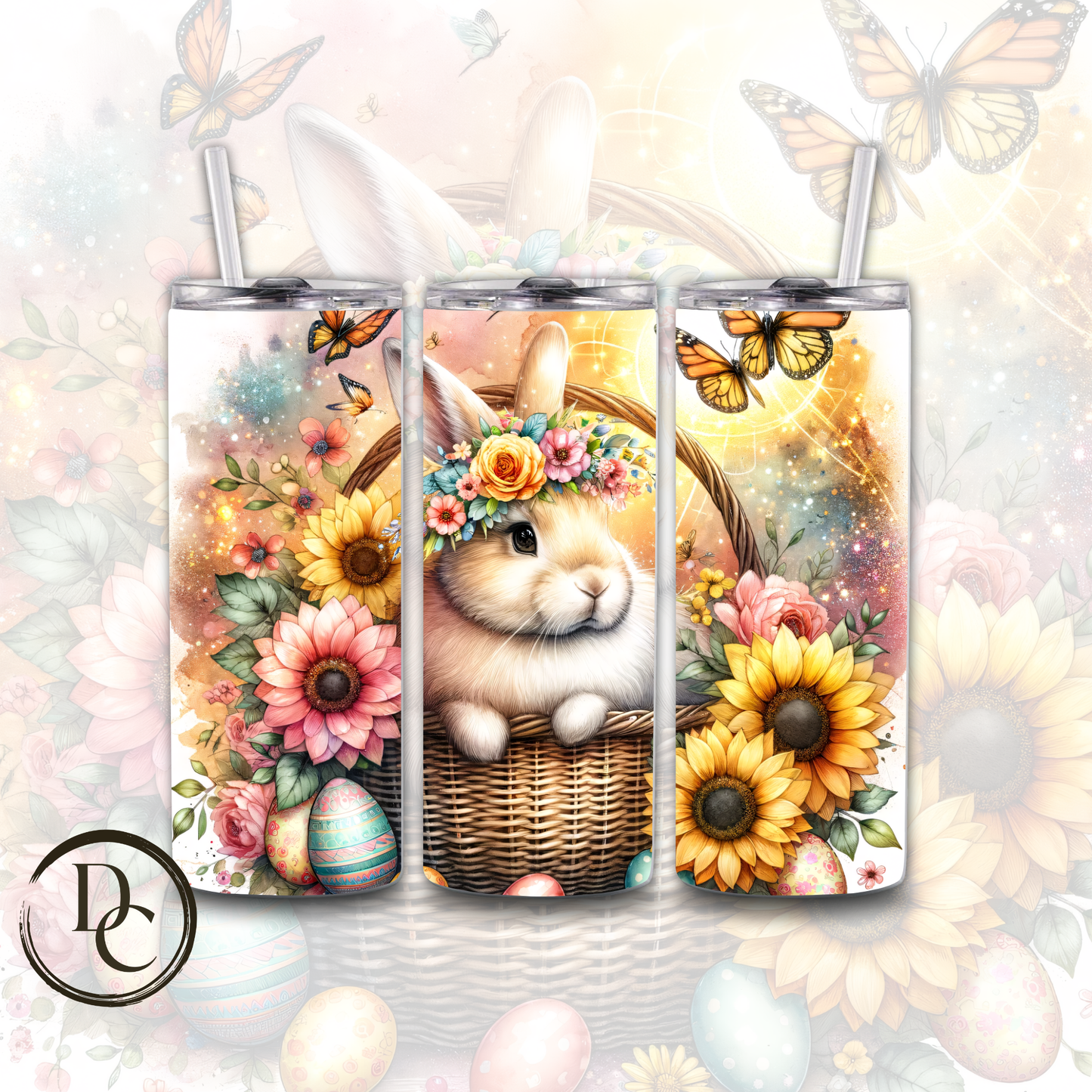 Easter Bunny In Basket Cute Floral Festive Holiday 20 oz Custom Sublimation Tumbler Stainless Steel Insulated 