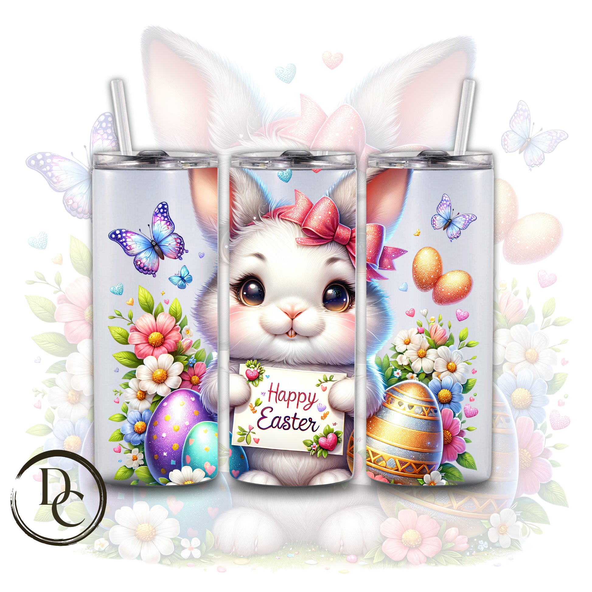 Easter Bunny In Basket Cute Floral Festive Holiday 20 oz Custom Sublimation Tumbler Stainless Steel Insulated 