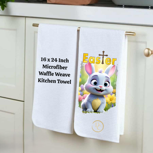 Easter Bunny, cross yellow flowers, Easter Kitchen Towel Microfiber Waffle Weave