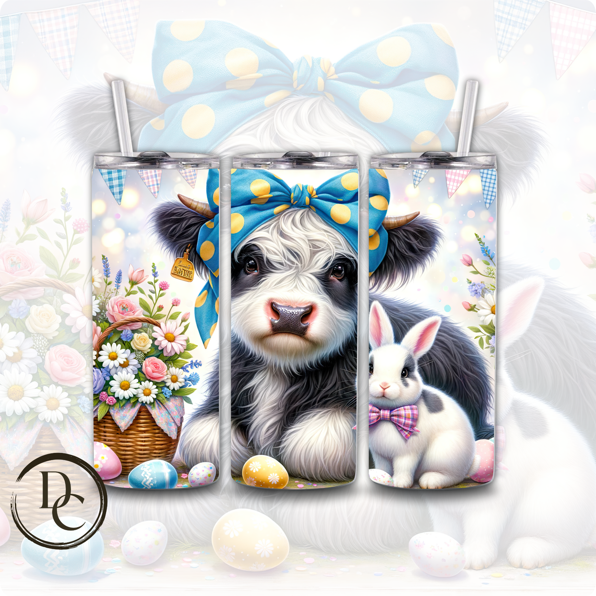 Easter Highland Cow Decorated Eggs 20 oz Custom Sublimation Tumbler Stainless Steel Insulated 