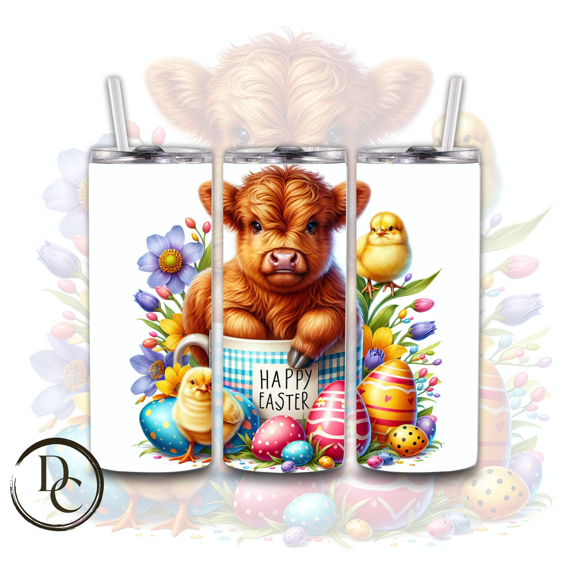 Easter Highland Cow Decorated Eggs 20 oz Custom Sublimation Tumbler Stainless Steel Insulated 