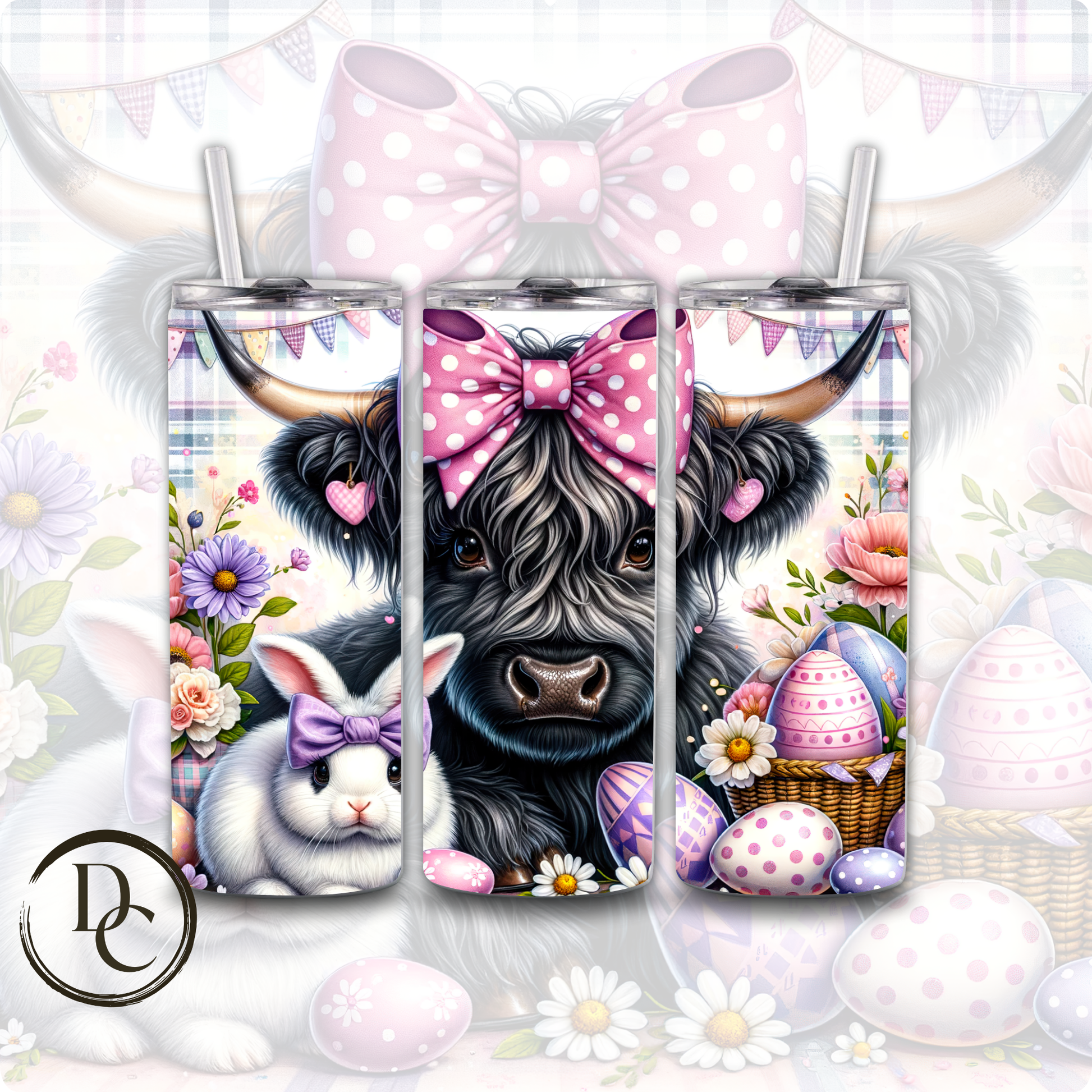 Easter Highland Cow Decorated Eggs 20 oz Custom Sublimation Tumbler Stainless Steel Insulated 