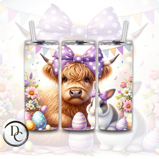 Easter Highland Cow with Purple Bow bunny Decorated Eggs 20 oz Custom Sublimation Tumbler Stainless Steel Insulated 