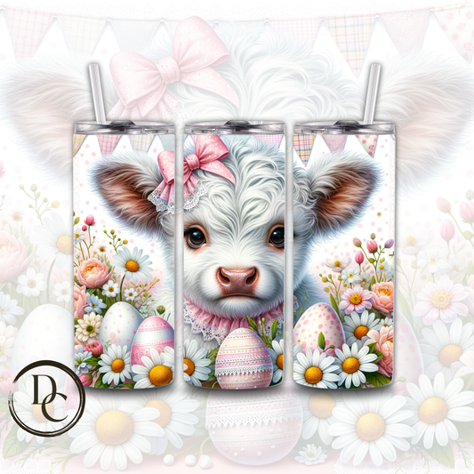 Easter White Highland Cow with Pink Decorated Eggs 20 oz Custom Sublimation Tumbler Stainless Steel Insulated ow