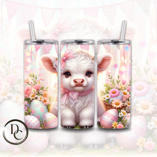 Easter WHITE Highland Cow PINK BOW Decorated Eggs 20 oz Custom Sublimation Tumbler Stainless Steel Insulated 