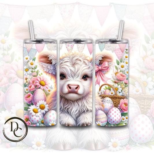 Easter White Highland Cow Bow Decorated Eggs 20 oz Custom Sublimation Tumbler Stainless Steel Insulated 