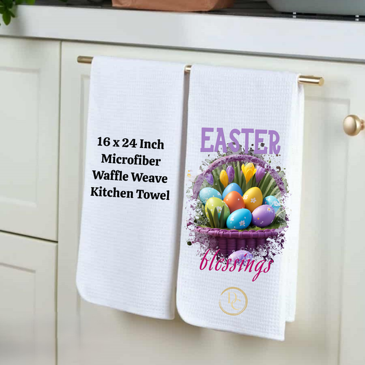 Happy Easter Eggs in basket Blessings, Easter Kitchen Towel Microfiber Waffle Weave