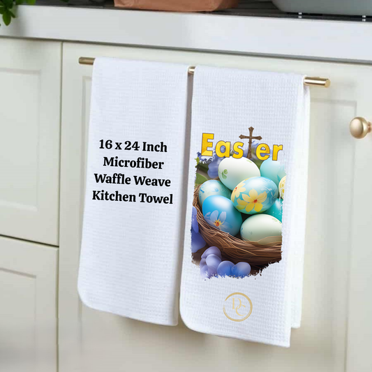 Easter Cross Eggs with Flowers, Easter Kitchen Towel Microfiber Waffle Weave