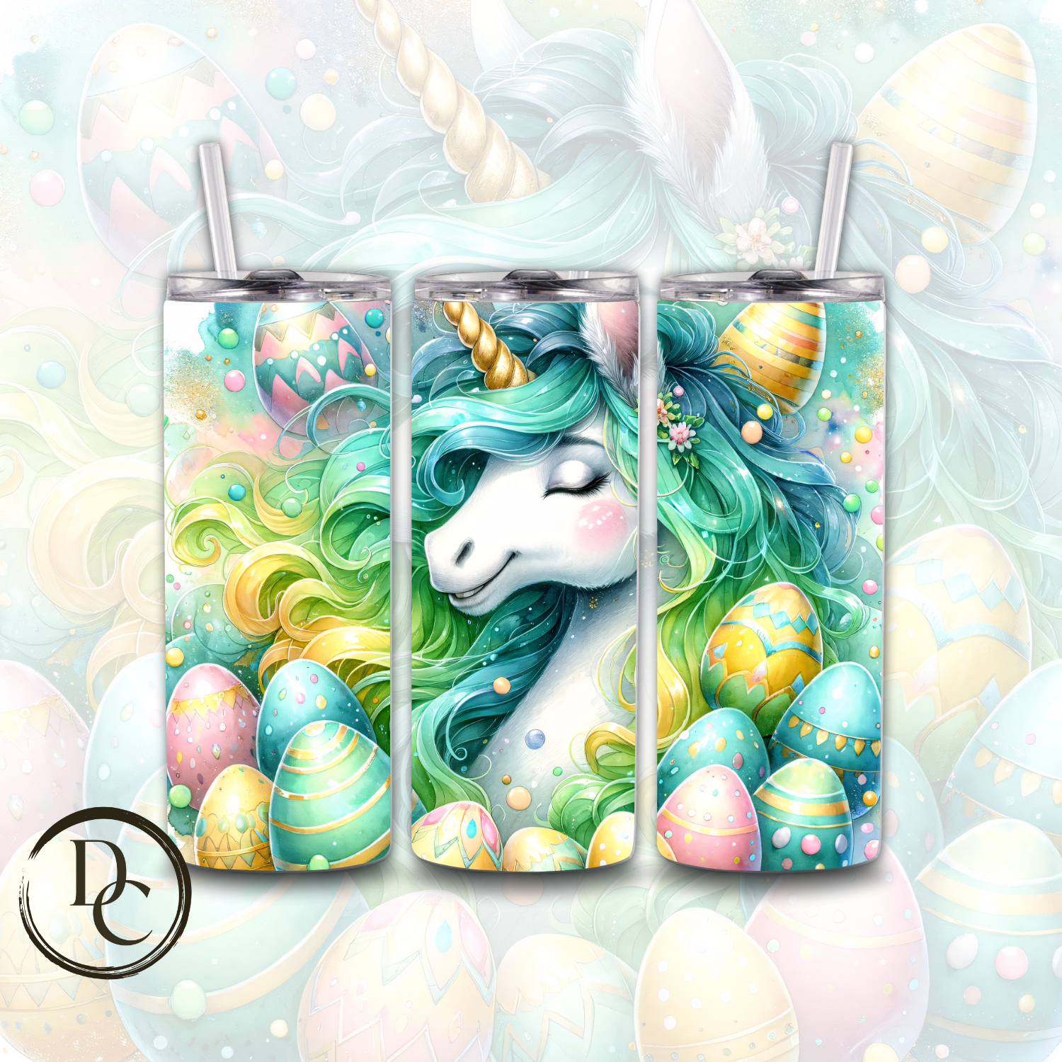 Easter Unicorn with Decorated Eggs 20 Oz Custom Sublimation Tumbler Stainless Steel Insulated