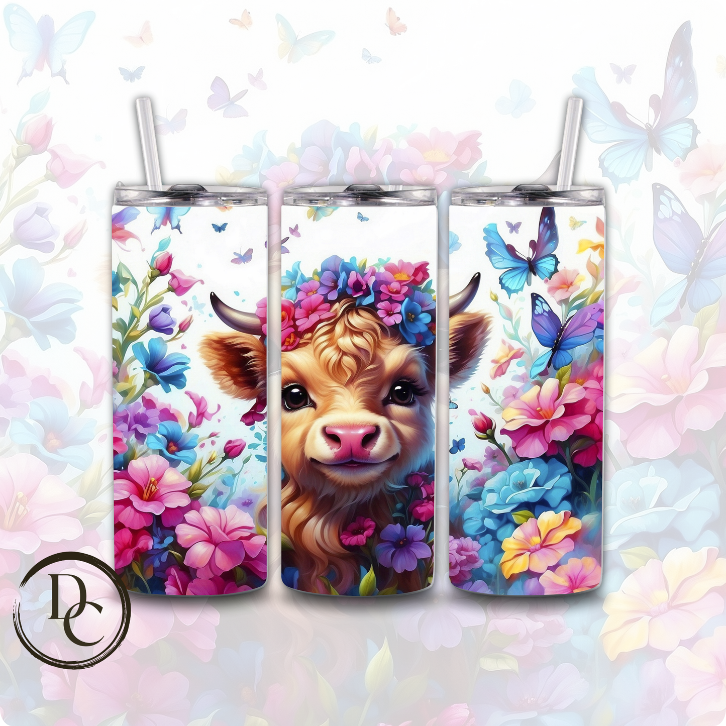 Floral HIGHLAND COW 20 oz Custom Sublimation Tumbler Stainless Steel # 20