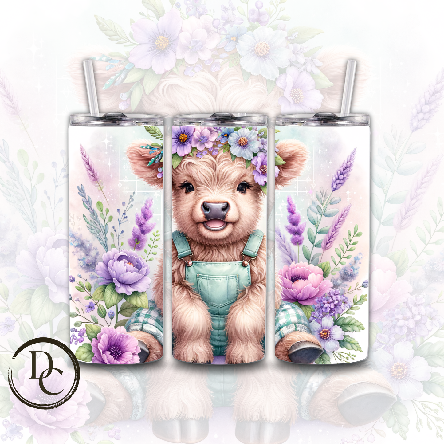 Floral HIGHLAND COW 20 oz Custom Sublimation Tumbler Stainless Steel # 20