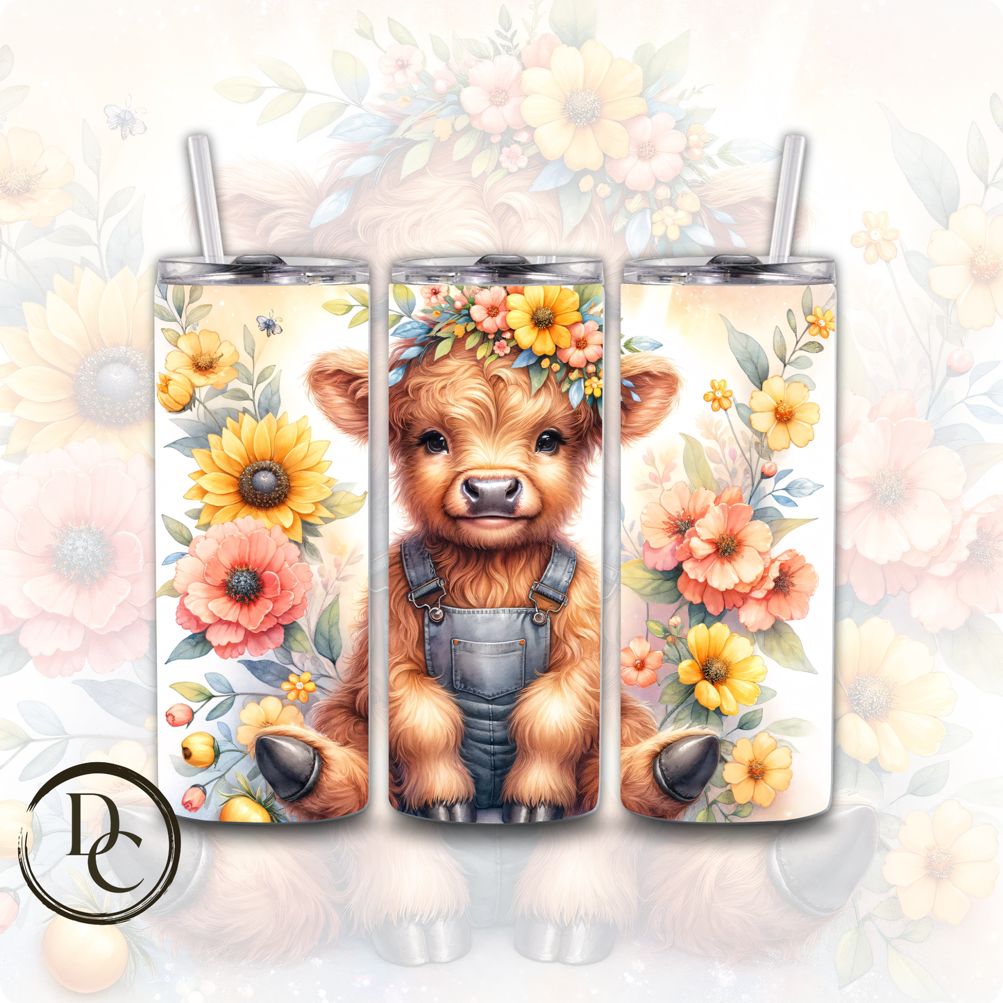 Floral HIGHLAND COW 20 oz Custom Sublimation Tumbler Stainless Steel # 20