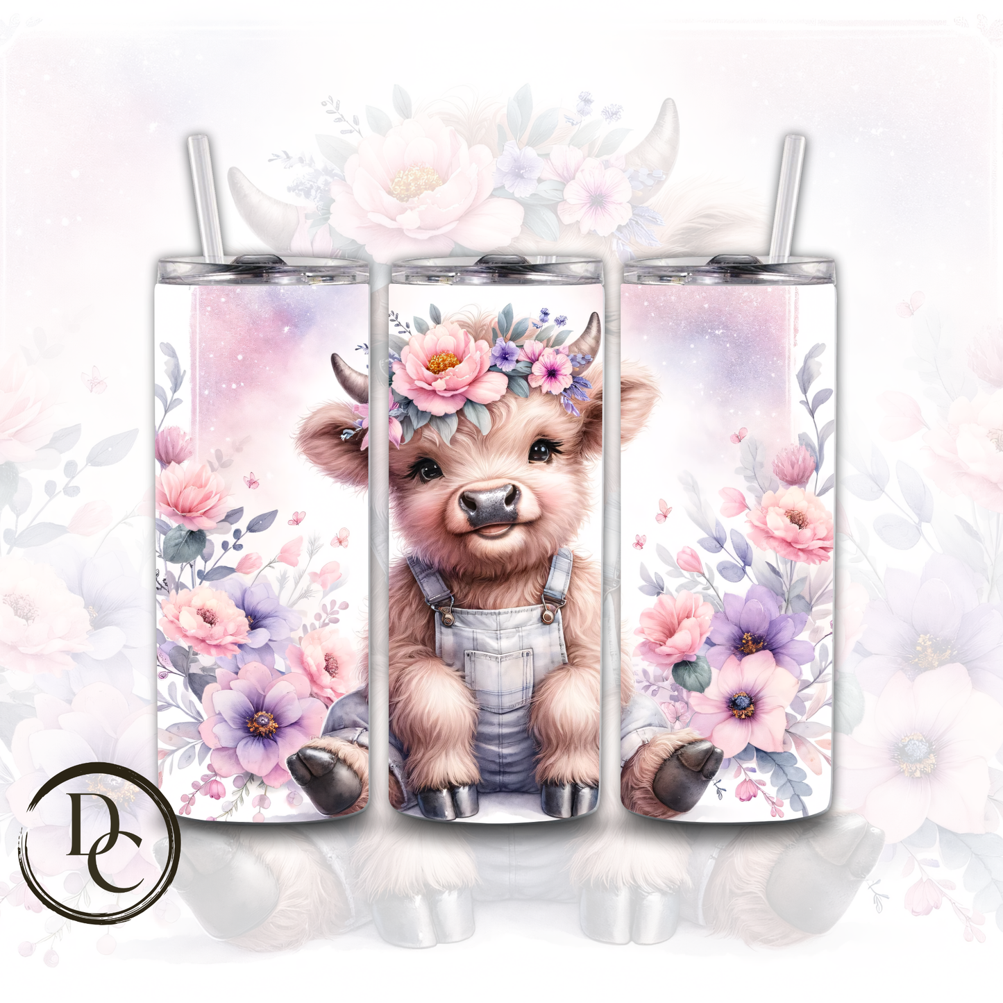 Floral HIGHLAND COW 20 oz Custom Sublimation Tumbler Stainless Steel # 20