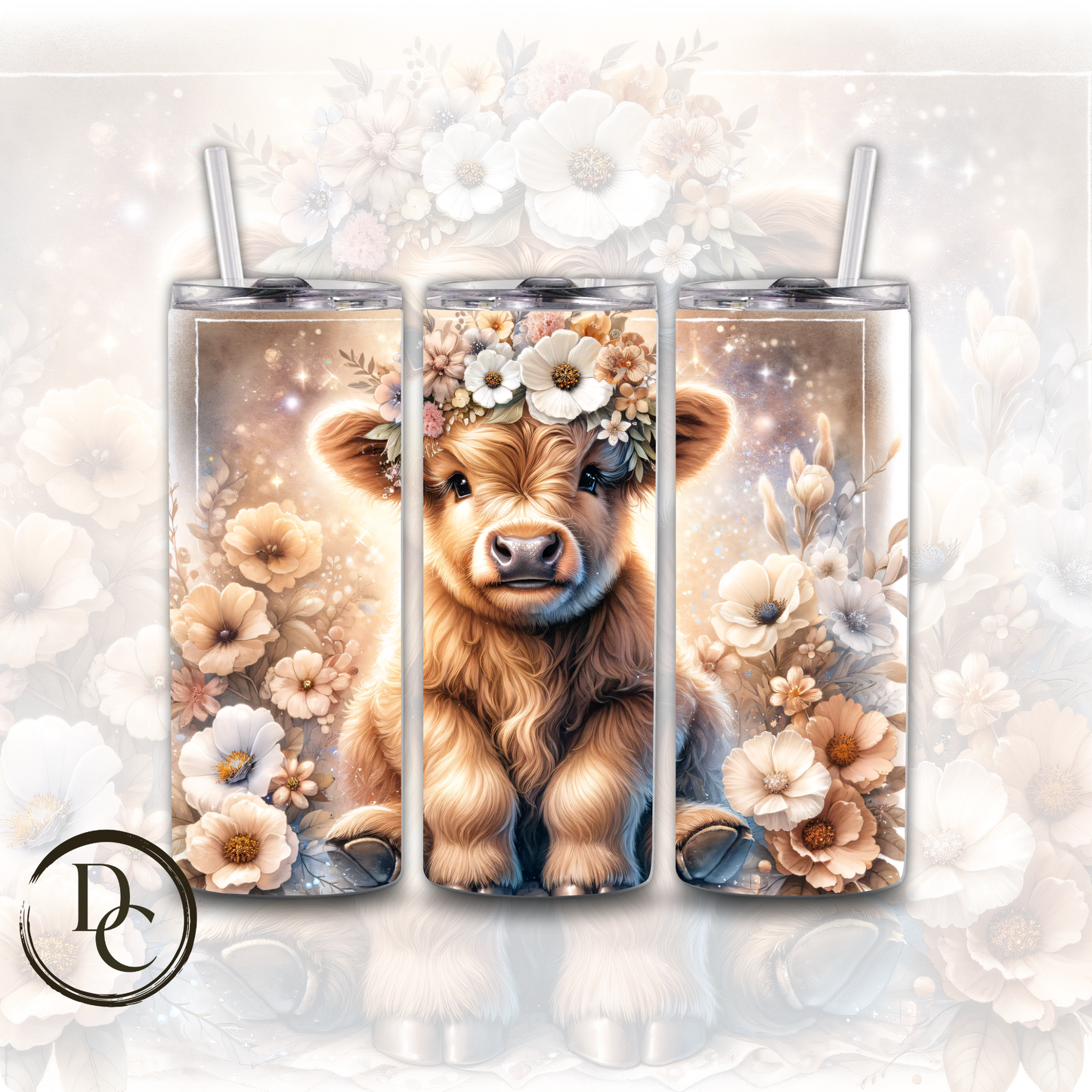 Floral HIGHLAND COW 20 oz Custom Sublimation Tumbler Stainless Steel # 20