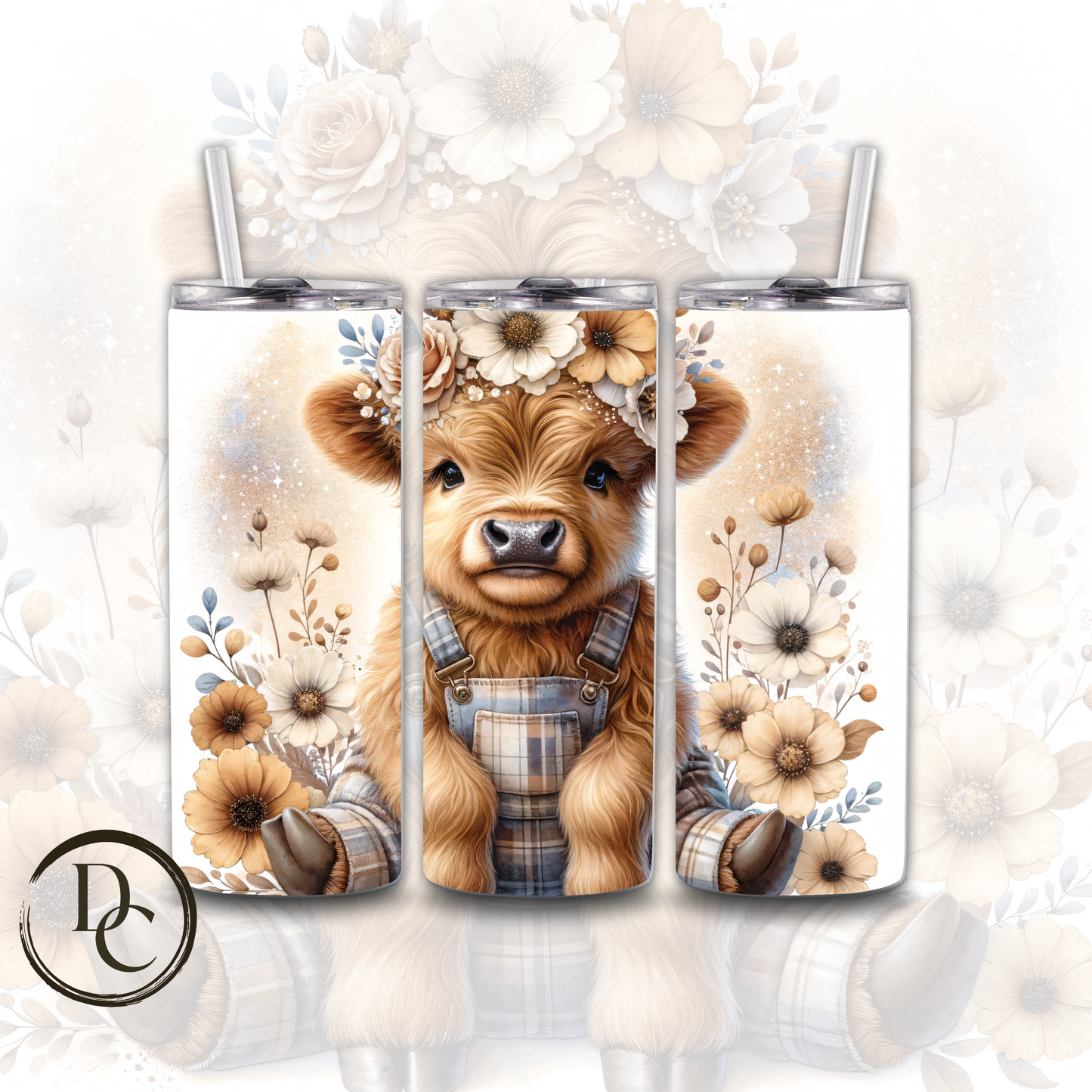 Floral HIGHLAND COW 20 oz Custom Sublimation Tumbler Stainless Steel # 20