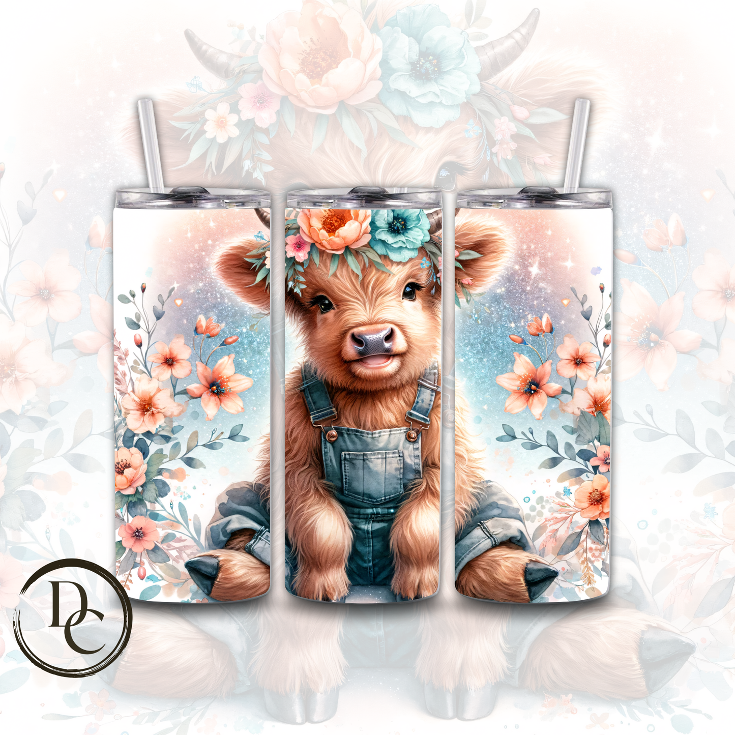 Floral HIGHLAND COW 20 oz Custom Sublimation Tumbler Stainless Steel # 20