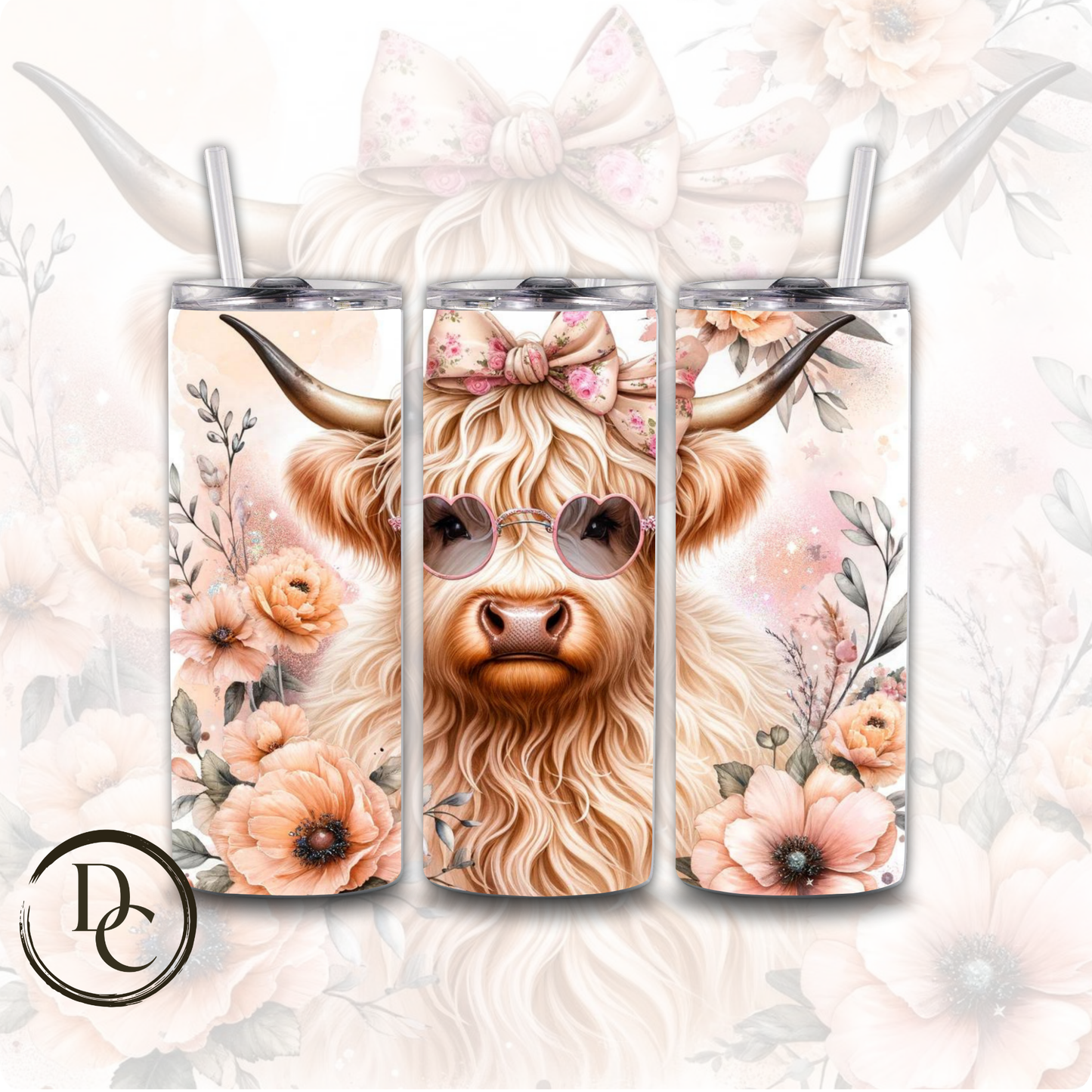 Floral HIGHLAND COW 20 oz Custom Sublimation Tumbler Stainless Steel # 22