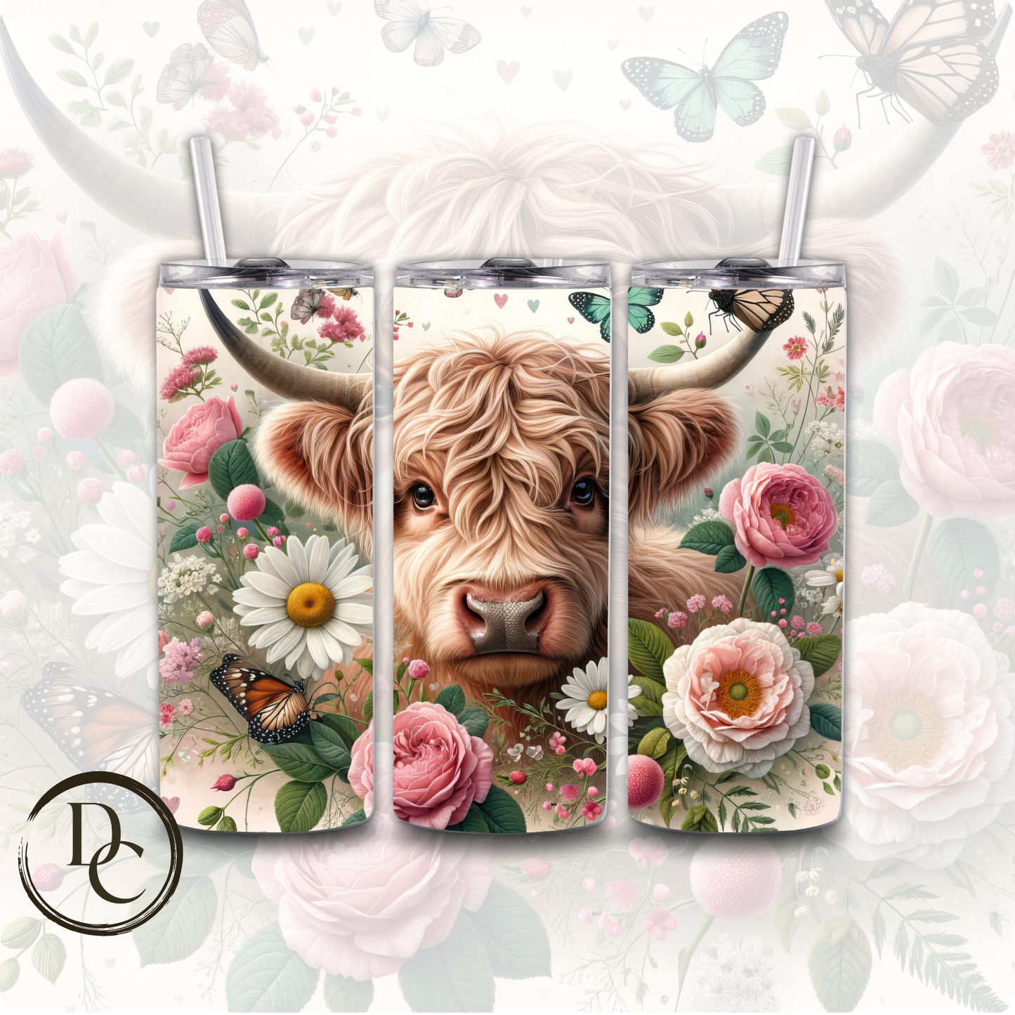 Floral HIGHLAND COW 20 oz Custom Sublimation Tumbler Stainless Steel # 22