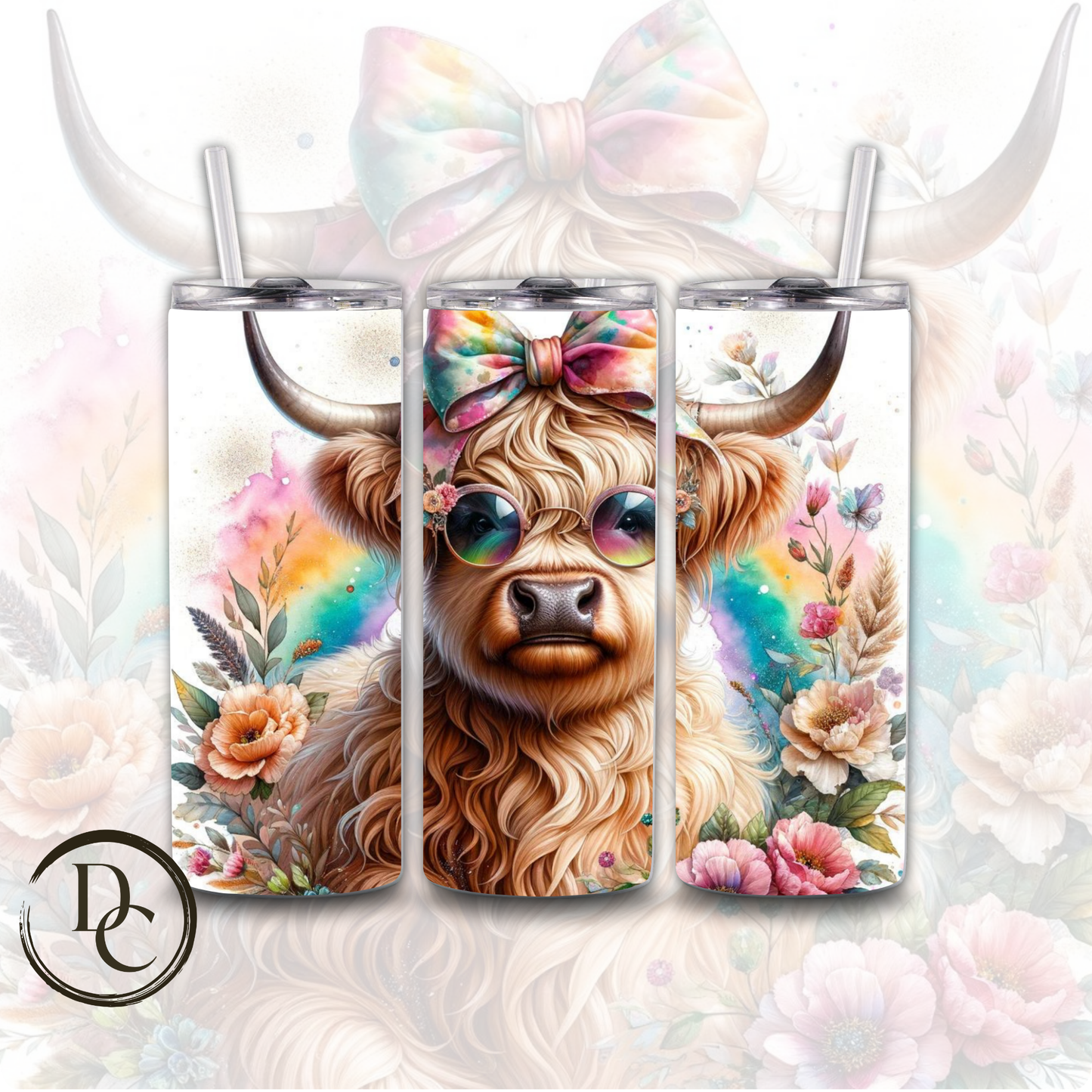 Floral HIGHLAND COW 20 oz Custom Sublimation Tumbler Stainless Steel # 22