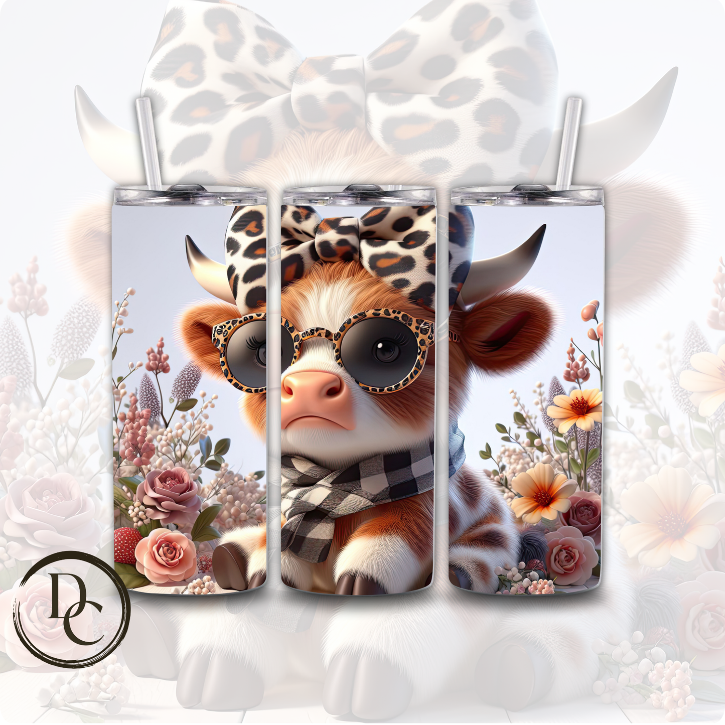 Floral HIGHLAND COW 20 oz Custom Sublimation Tumbler Stainless Steel # 22