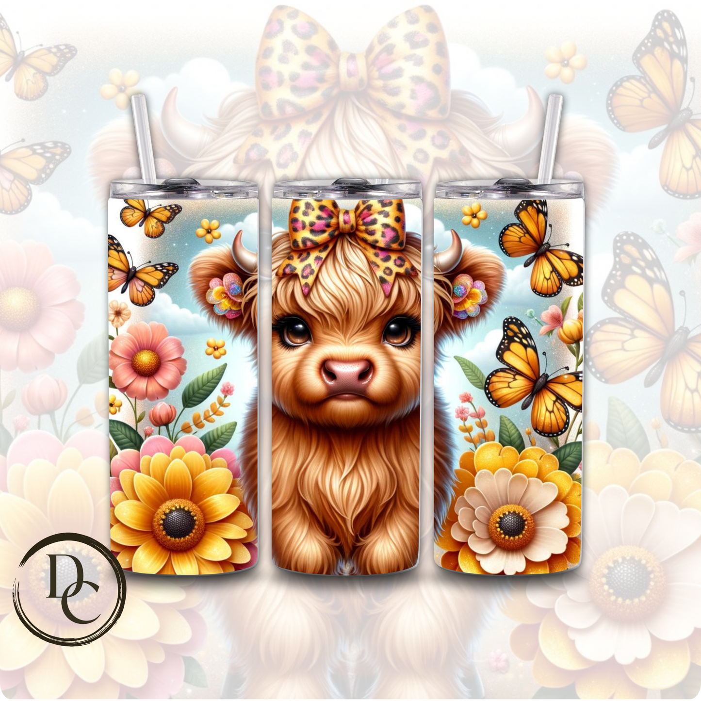 Floral HIGHLAND COW 20 oz Custom Sublimation Tumbler Stainless Steel # 22