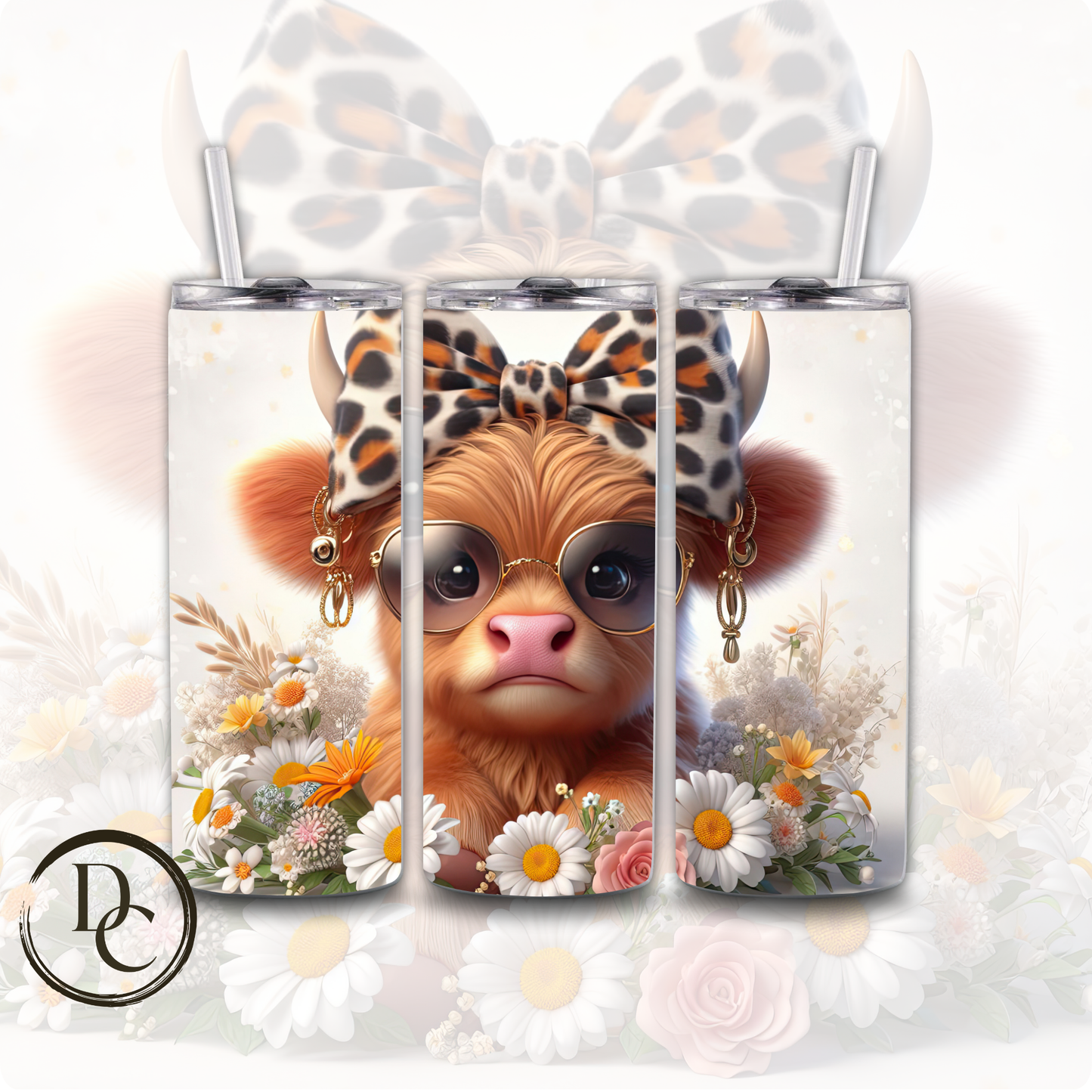 Floral HIGHLAND COW 20 oz Custom Sublimation Tumbler Stainless Steel # 22