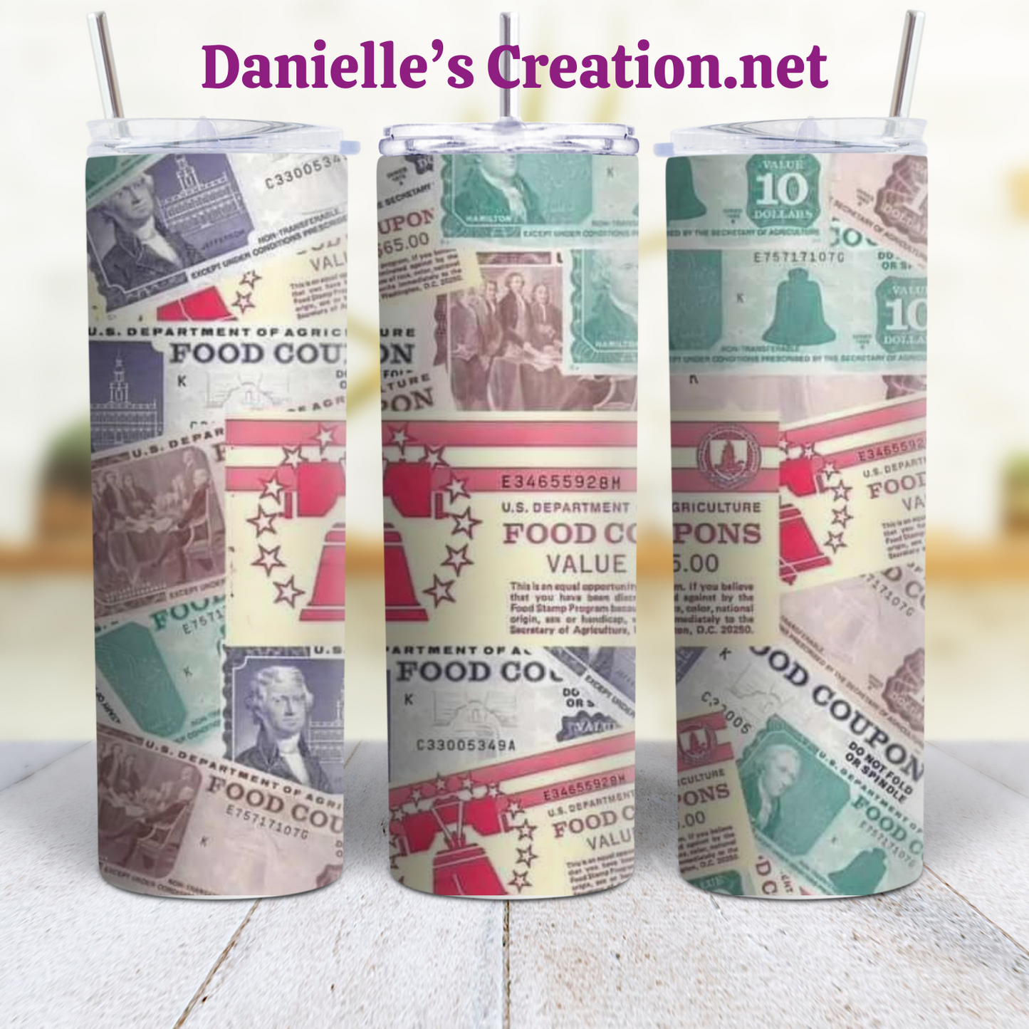 MONEY 20 oz Custom Sublimation Tumbler Stainless Steel FOOD STAMPS, 100 BILL