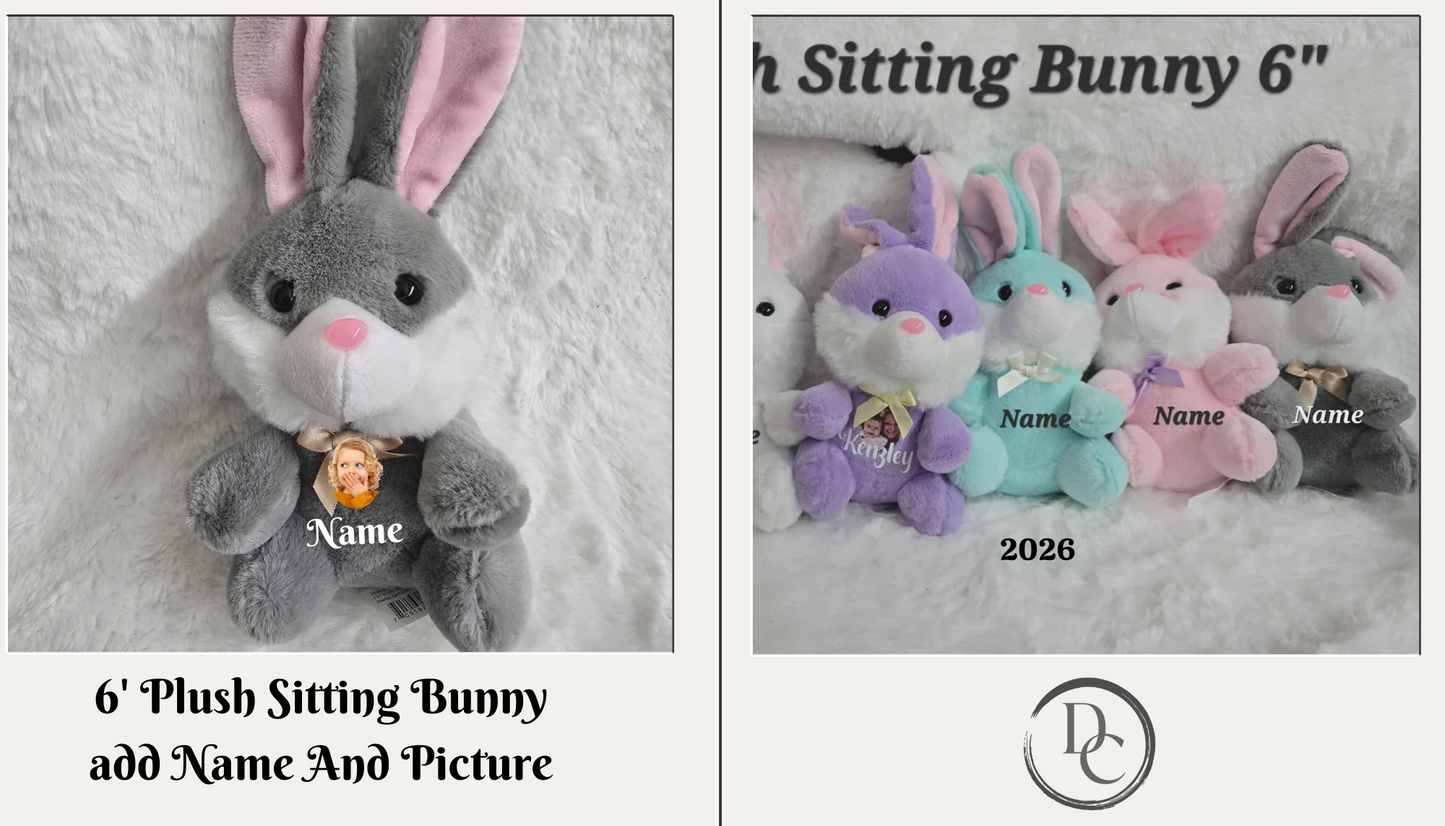 Plush sitting bunny with customizable name and picture on a textured background