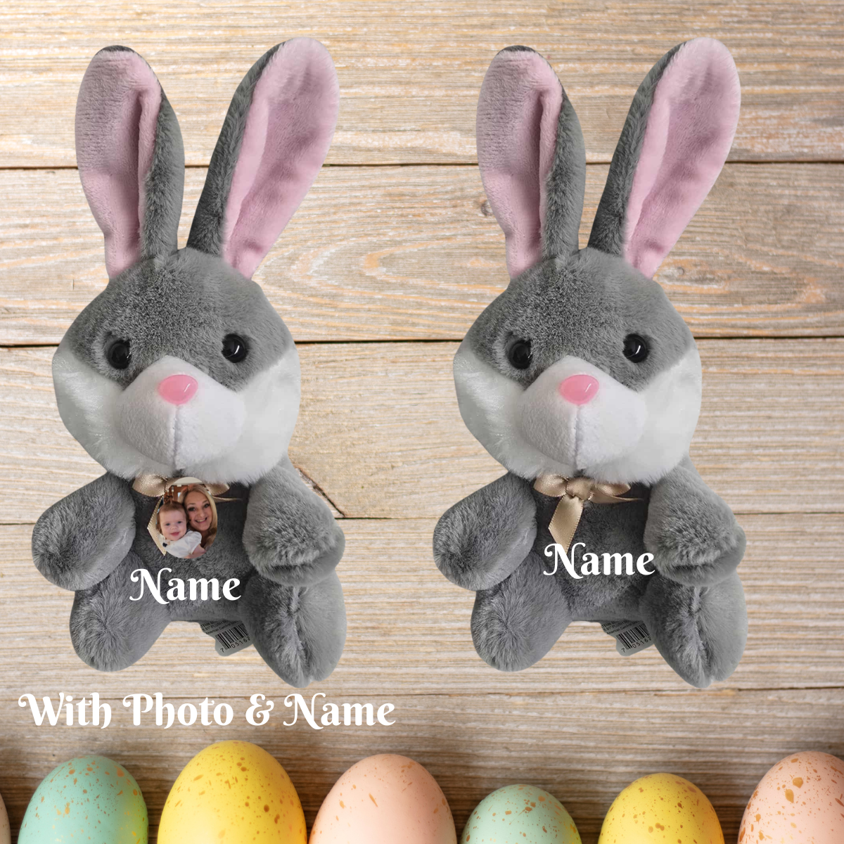  gray plush bunnies with pink ears on a wooden surface with colorful eggs.
