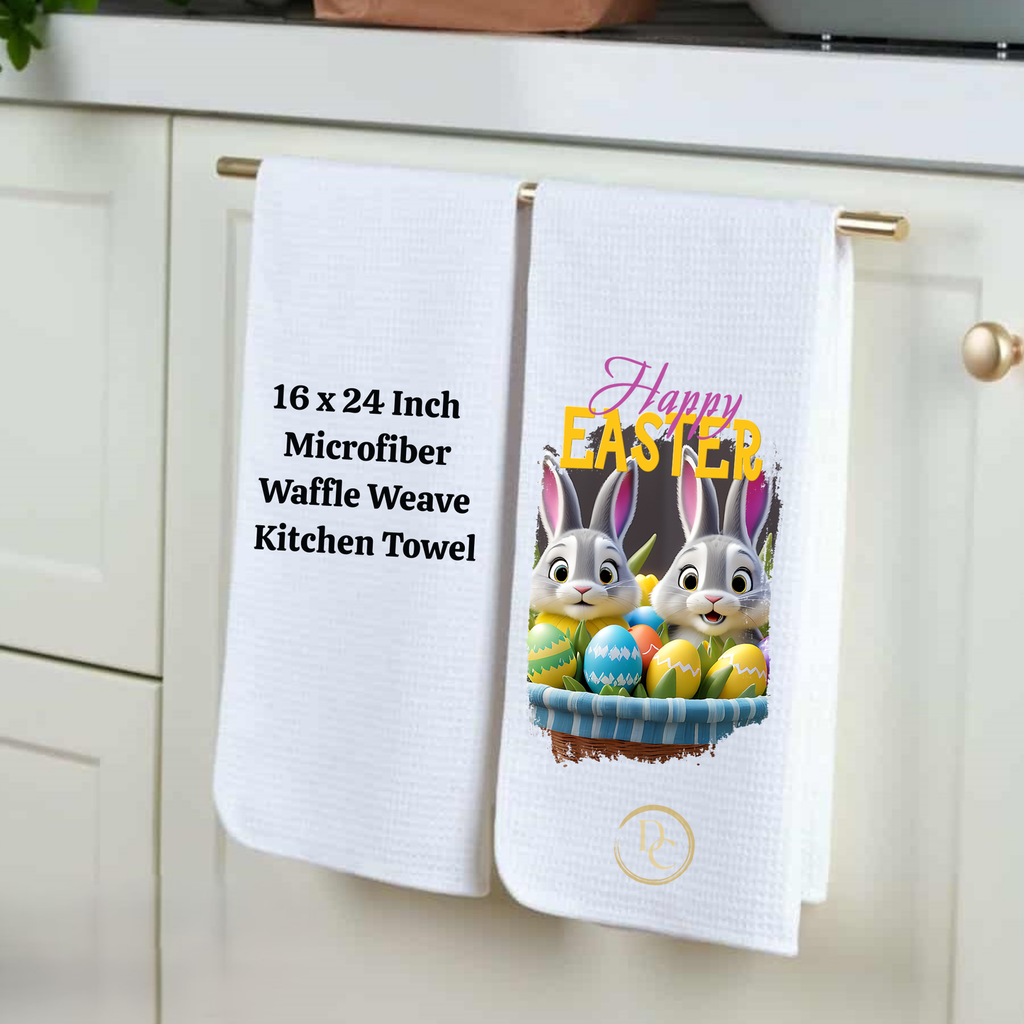 Happy Easter Bunnies Eggs, Easter Kitchen Towel Microfiber Waffle Weave