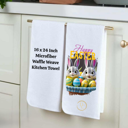 Happy Easter Bunnies Eggs, Easter Kitchen Towel Microfiber Waffle Weave