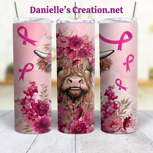 Pink Ribbon HIGHLAND COW 20 oz Custom Sublimation Tumbler Stainless Steel #21