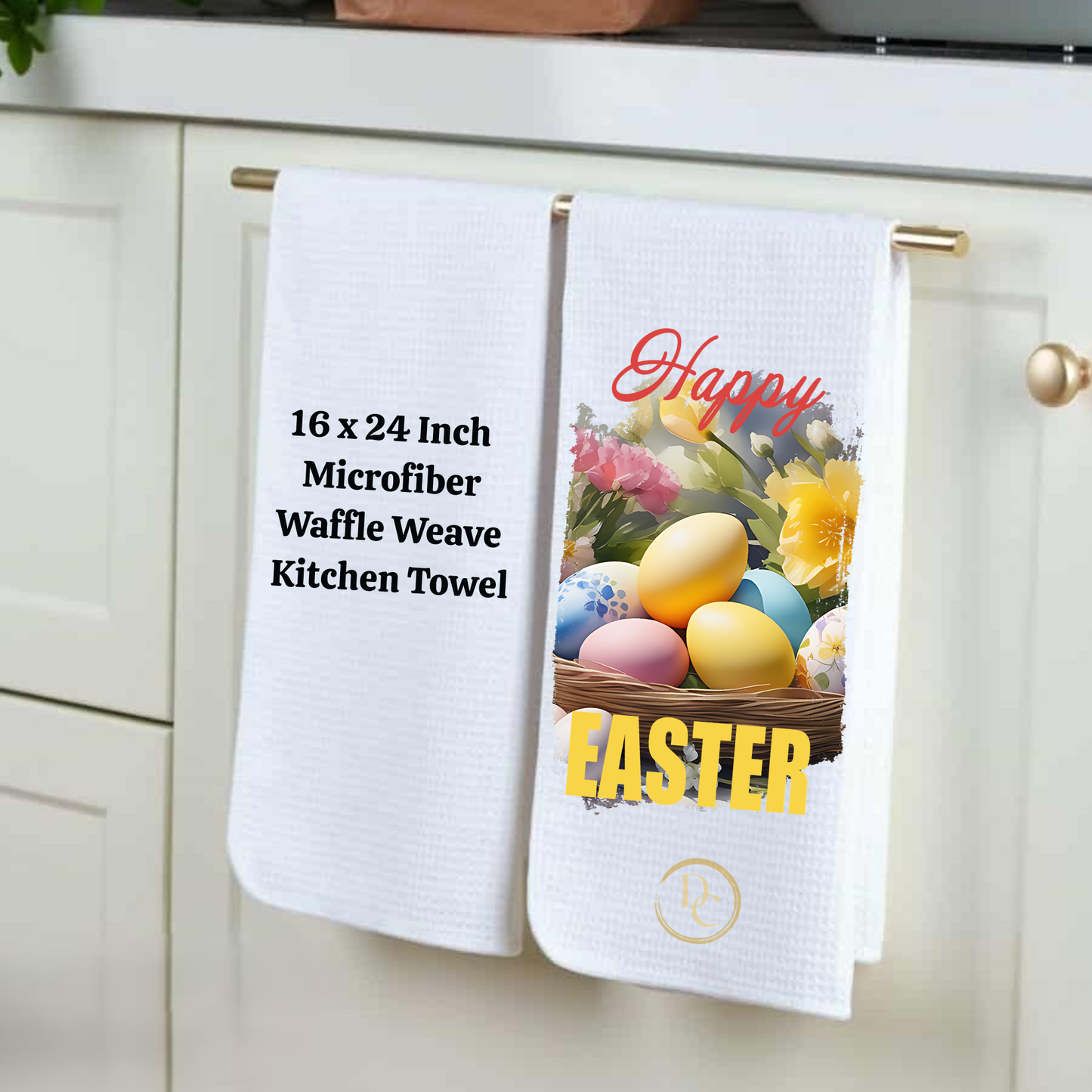 Two kitchen towels hanging on a rack, one with text and the other with an Easter design.