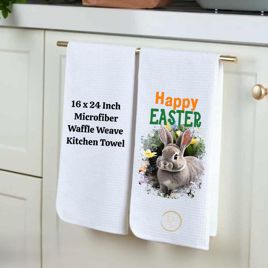 Happy Easter Grey bunny, Easter Kitchen Towel Microfiber Waffle Weave