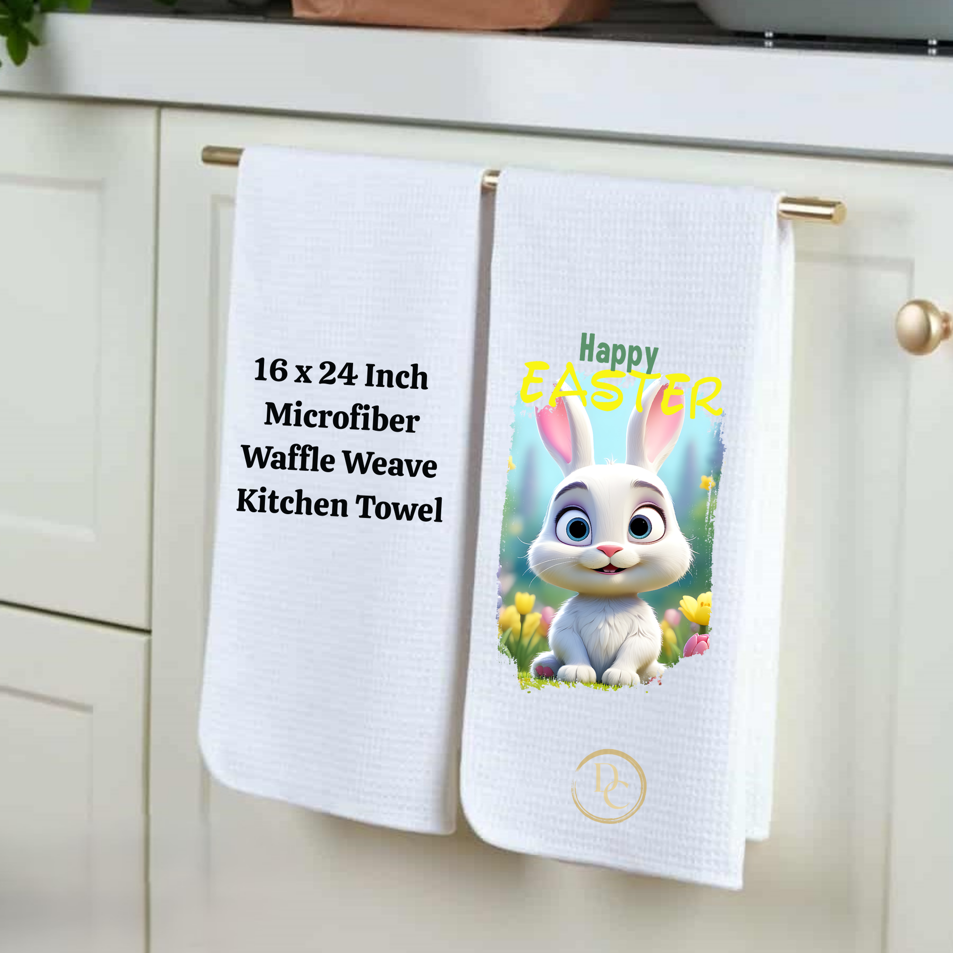 Two kitchen towels hanging on a rack, one with text and the other with an Easter design.