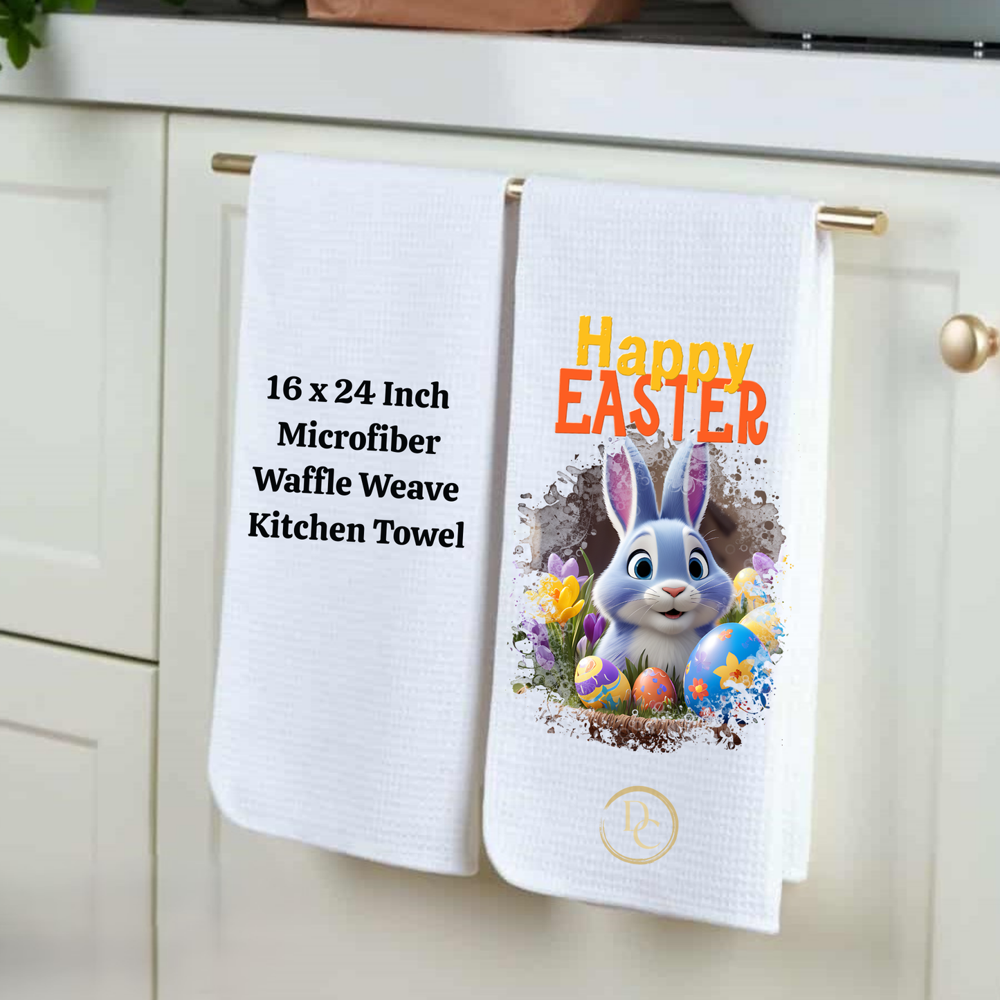 Happy Easter Bunnies Eggs, Easter Kitchen Towel Microfiber Waffle Weave