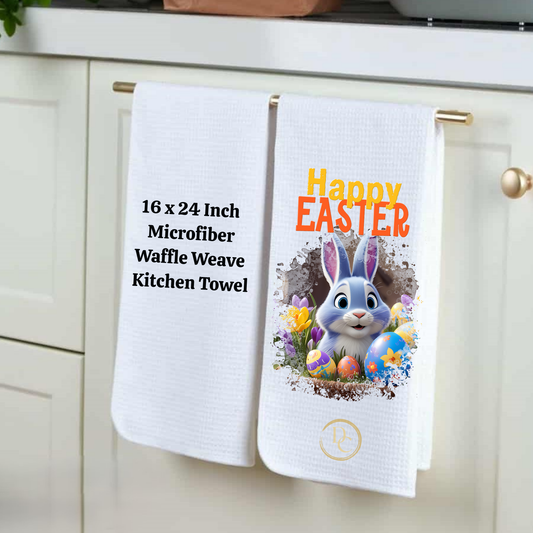 Happy Easter Bunny Eggs, Easter Kitchen Towel Microfiber Waffle Weave