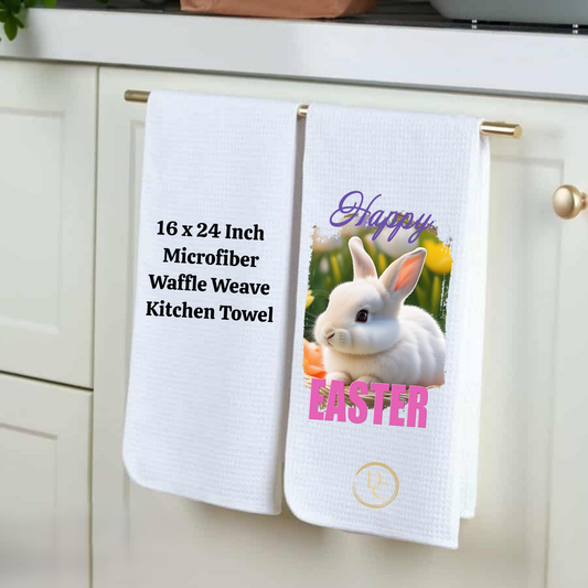 Happy Easter White bunny, Easter Kitchen Towel Microfiber Waffle Weave