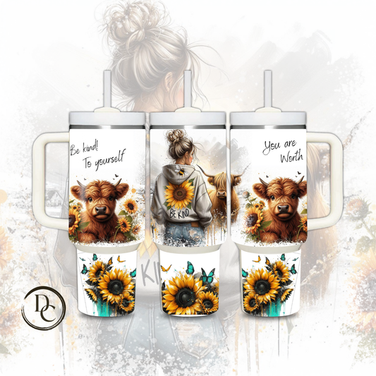 Be Kind to yourself Highland Cow 40 Oz Custom Sublimation Tumbler Stainless Steel Classic or Glow in the Dark