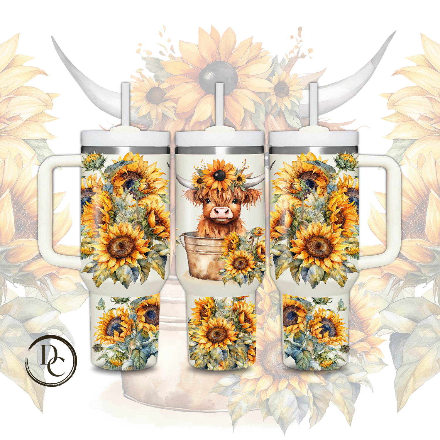 Highland Cow Bucket Sunflower 30 oz & 40 Oz Custom Sublimation Tumbler Stainless Steel Insulated