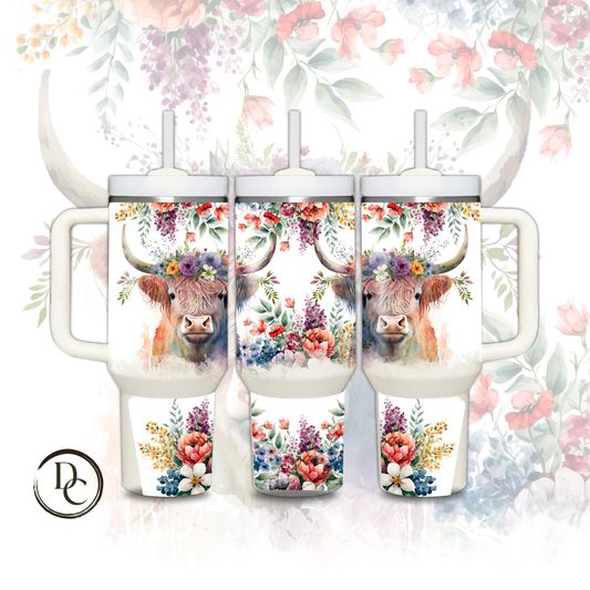 Floral Highland Cow 30 oz & 40 Oz Custom Sublimation Tumbler Stainless Steel Insulated