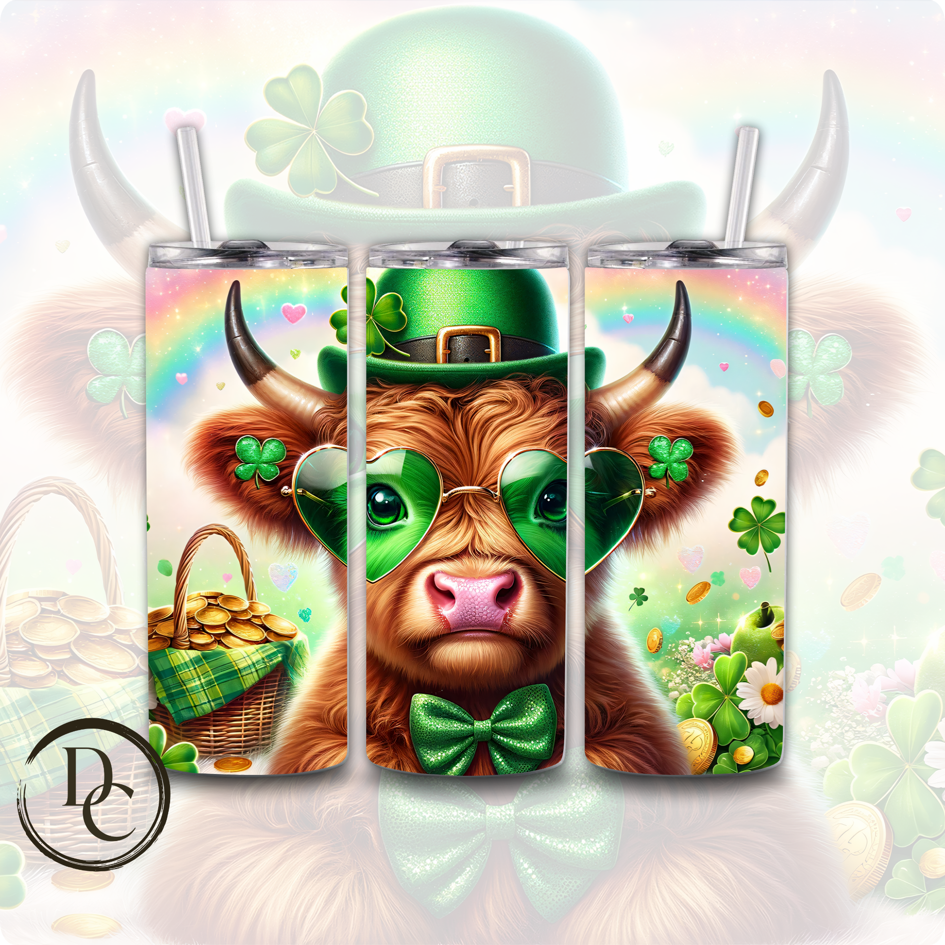 Highland Cow Clovers Pot Of Gold ST Patrick Day 20 oz Custom Sublimation Tumbler Stainless Steel Insulated