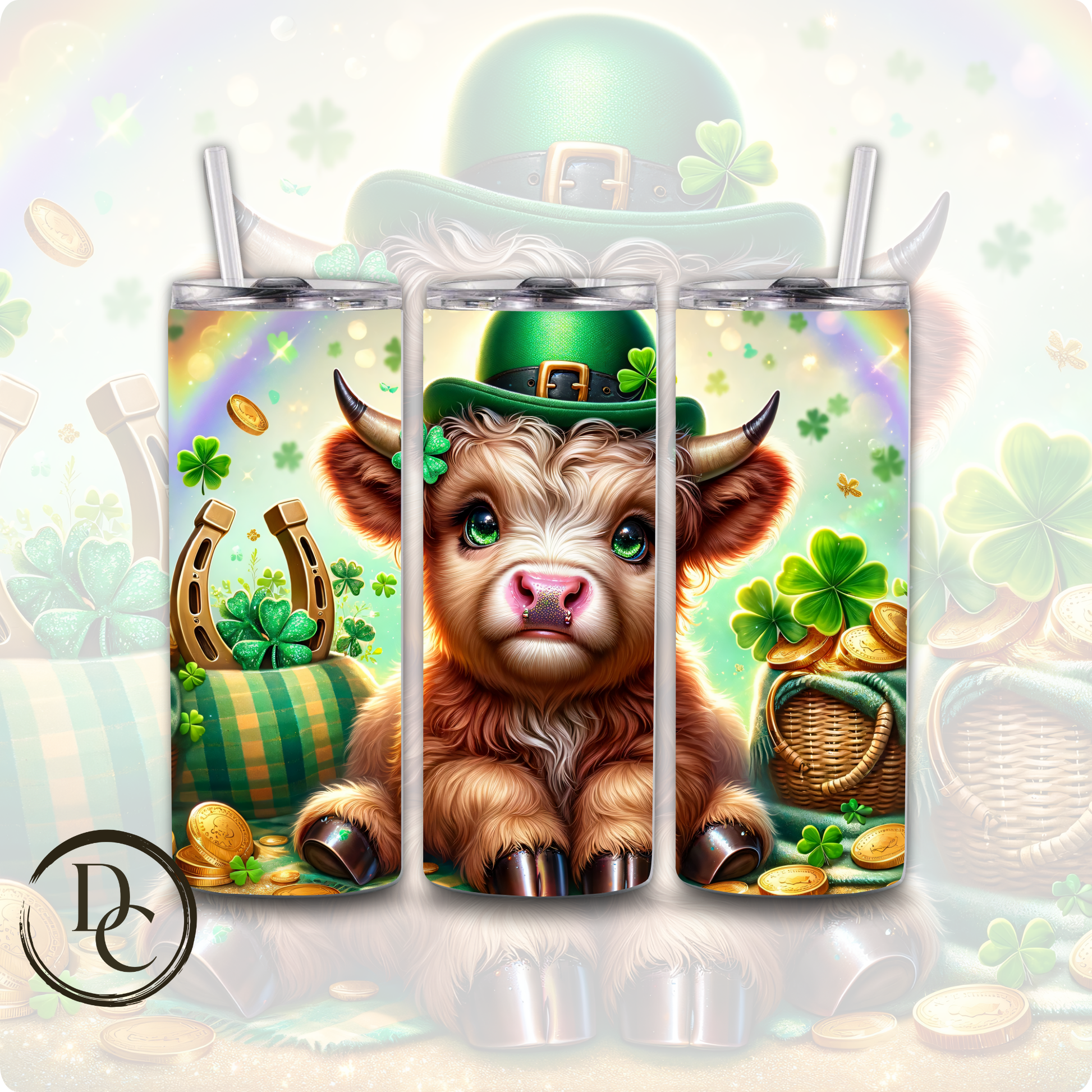 Highland Cow Clovers Pot Of Gold ST Patrick Day 20 oz Custom Sublimation Tumbler Stainless Steel Insulated