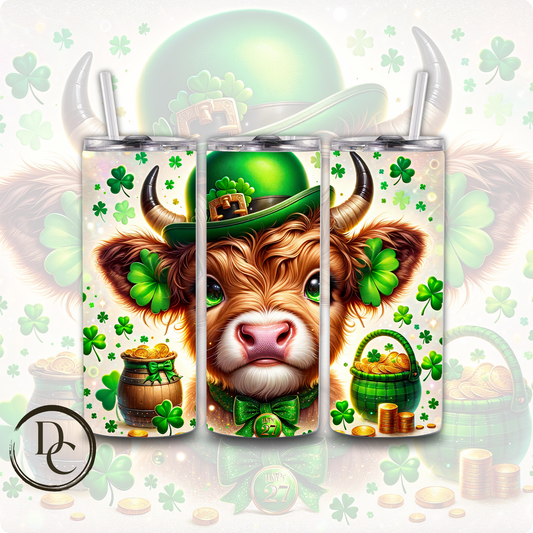 Highland Cow Clovers Hat Pot of Gold Horn ST Patrick Day 20 oz Custom Sublimation Tumbler Stainless Steel Insulated