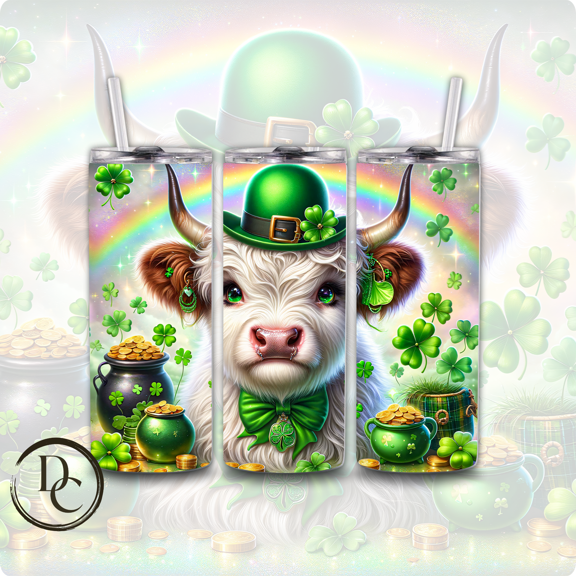 Highland Cow Clovers Pot Of Gold Horns Hat Rainbow ST Patrick Day 20 oz Custom Sublimation Tumbler Stainless Steel Insulated