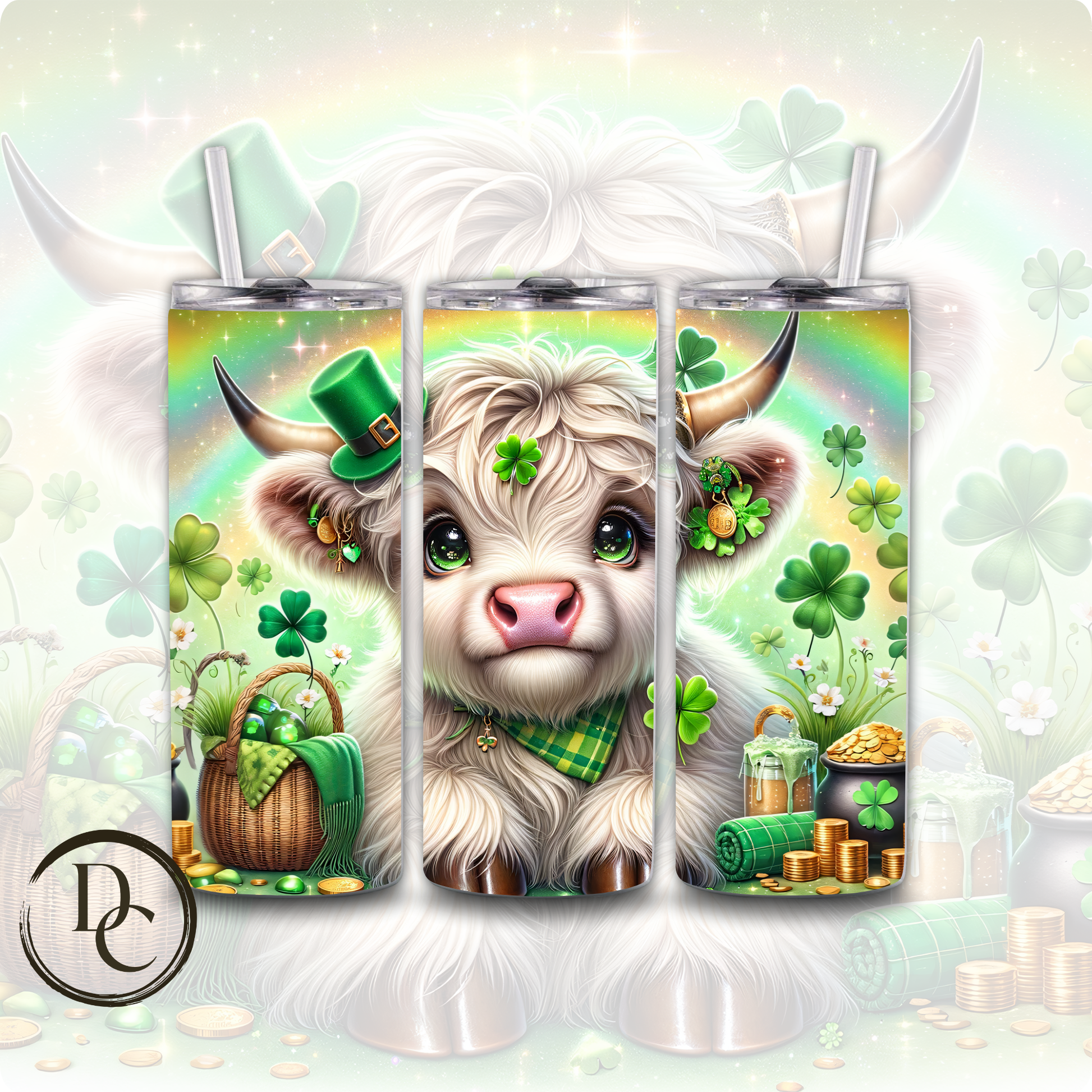 Highland Cow Clovers Pot Of Gold ST Patrick Day 20 oz Custom Sublimation Tumbler Stainless Steel Insulated