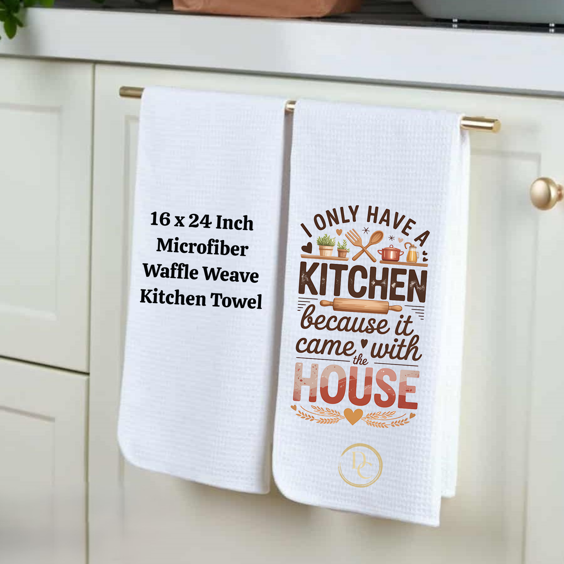 Two kitchen towels hanging on a rack with text and graphics.